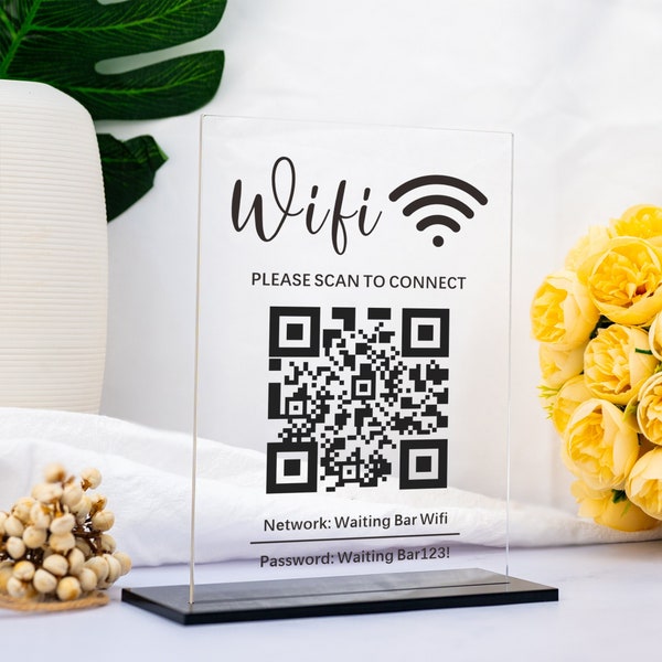 Wifi Password Sign, Wifi QR Code Sign, Wifi Network and Password Sign, Wifi Plaque Printable, Acrylic Wifi Sign, Table Sign for Internet