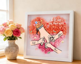 Personalized Mother's Day Shadow Box,Custom Heart Flower Box,Hand Holding Frame with Kids Names,Mothers Day Gift for Mummy,Nan,Nanna,Granny