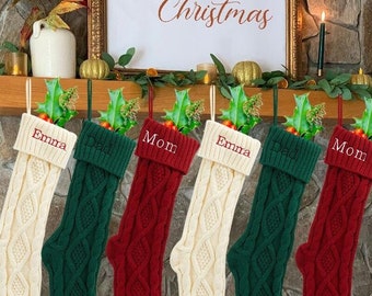 Bas de Noël tricotés, bas tricotés personnalisés, bas de Noël brodés, bas personnalisés, ensemble de bas de famille personnalisés