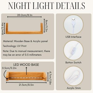 May include: Details of a night light with a wooden base and acrylic panel. The dimensions are provided in inches and centimeters. The image shows a USB interface, a button switch, and the acrylic panel thickness.