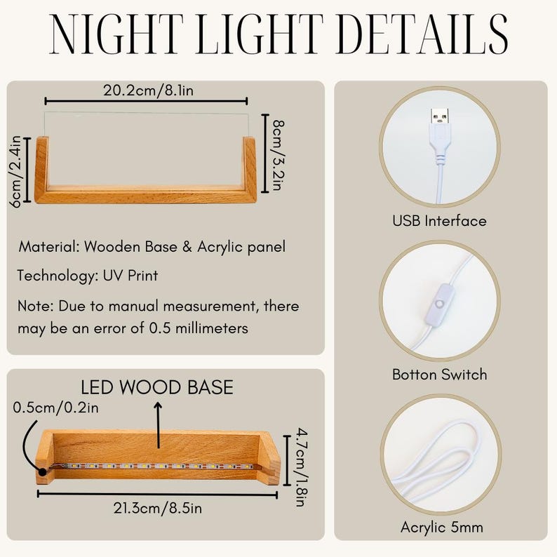 May include: Details of a night light with a wooden base and acrylic panel. The dimensions are provided in inches and centimeters. The image shows a USB interface, a button switch, and the acrylic panel thickness.