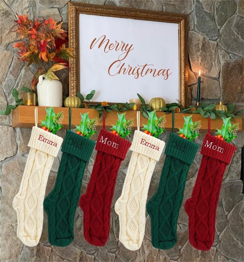 Knitted Christmas Stockings, Personalized Knit Stockings ,Embroidered Christmas Stocking,Custom Stockings,Personalized Family Stockings Set image 2