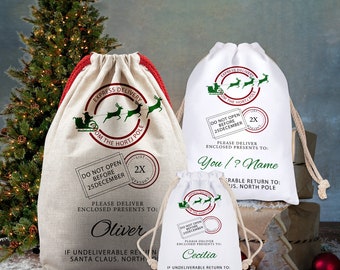 Personalised Christmas Sack ,North Pole Design , Large Xmas Drawstring Santa Sack ,Any Name or message, Christmas Eve Bag ,Xmas Decorations