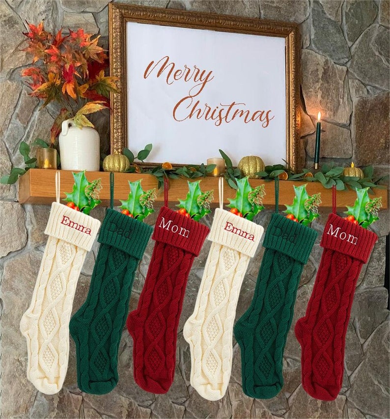 Personalized Knitted Christmas Stockings,Embroidered Christmas Stocking,Custom Family Names Christmas Stockings,Holiday Stockings, Xmas Gift image 1