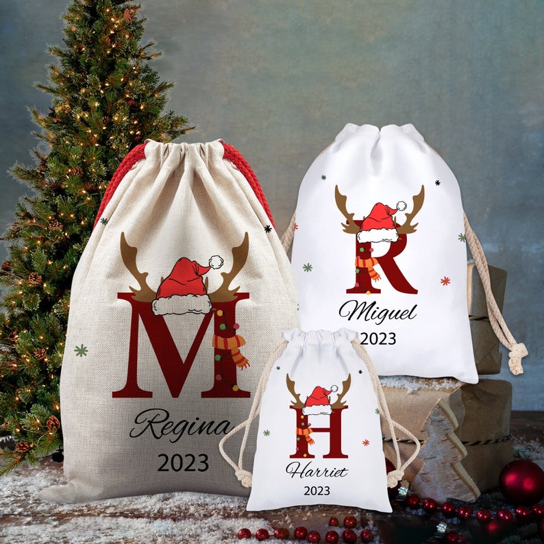 Personalised Santa Sack, Name and Initial Sack, Christmas Hat and Baloon Style Christmas Bag, Gift for Xmas, Custom Sack for Kids, Xmas Gift image 1