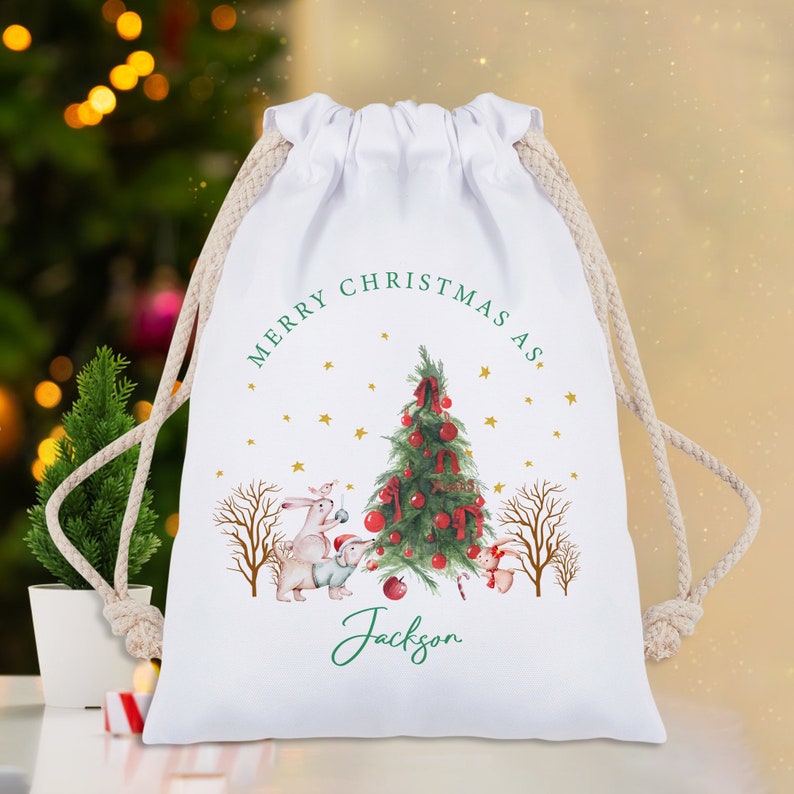 Sac père Noël personnalisé, bas de Noël, lapin Pierre, Noël lapin Pierre, sac père Noël, boîte de réveillon de Noël, premier cadeau de Noël image 6