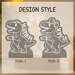 May include: Two dinosaur-shaped designs with the names "William" and "Sophia" written on them. The designs are in a white outline on a gray background. The text "Design Style" is at the top of the image. The text "Style-1" is below the first design and the text "Style-2" is below the second design.