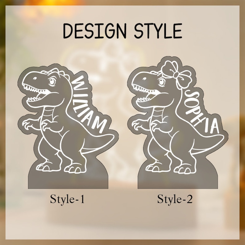May include: Two dinosaur-shaped designs with the names "William" and "Sophia" written on them. The designs are in a white outline on a gray background. The text "Design Style" is at the top of the image. The text "Style-1" is below the first design and the text "Style-2" is below the second design.