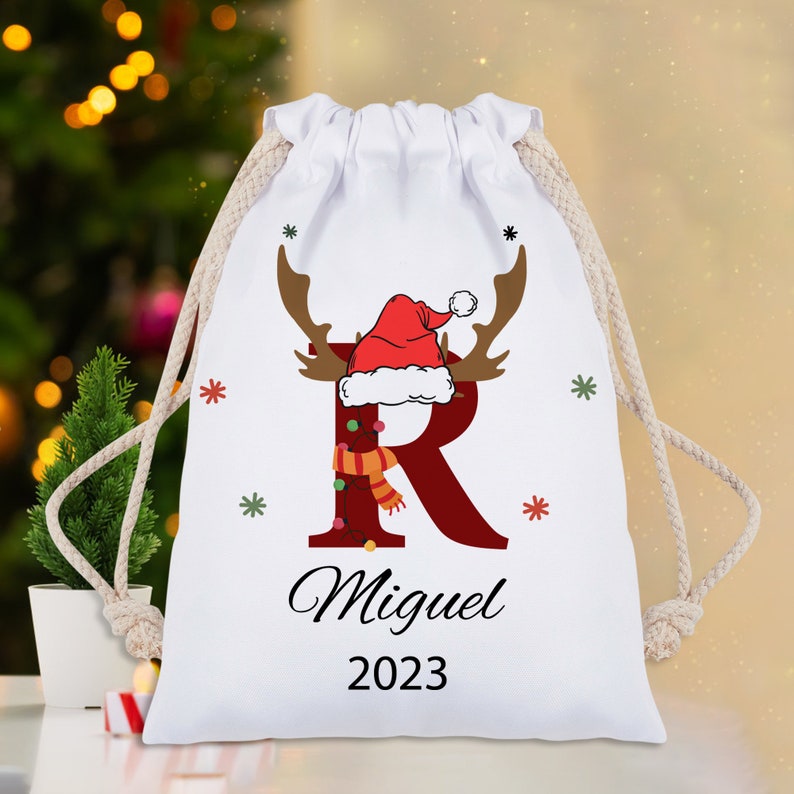 Personalised Santa Sack, Name and Initial Sack, Christmas Hat and Baloon Style Christmas Bag, Gift for Xmas, Custom Sack for Kids, Xmas Gift zdjęcie 4