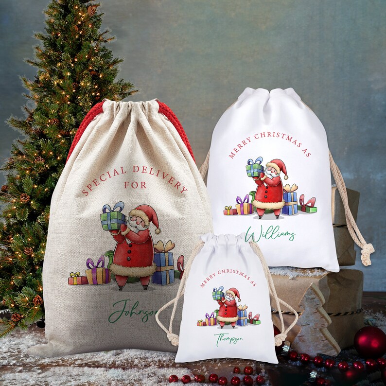 Bolsa de regalo de Navidad personalizada, Bolsa grande de saco de Papá Noel, Saco de Navidad con nombre, Saco de Navidad de caramelo, Bolsa de regalo navideña, Saco de regalo de Navidad imagen 2