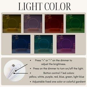 May include: A circular LED light display with a wooden base, featuring seven colour options including yellow, white, purple, red, blue, green, and light blue. The device includes a USB cable with a dimmer control to adjust brightness and colour settings.