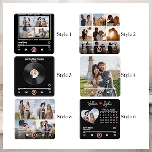 Puede incluir: Se muestran seis regalos fotogr&aacute;ficos personalizados. Los dise&ntilde;os incluyen dise&ntilde;os de reproductor de m&uacute;sica con fotos, texto e iconos de coraz&oacute;n. La paleta de colores es principalmente en blanco y negro, con algunas fotos en color.