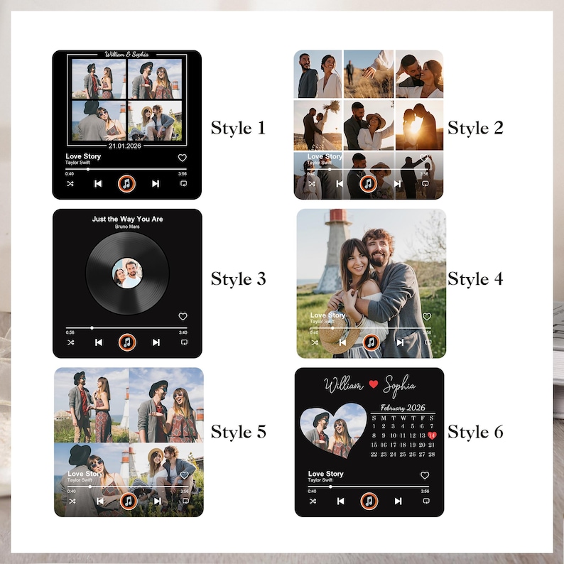 Puede incluir: Se muestran seis regalos fotogr&aacute;ficos personalizados. Los dise&ntilde;os incluyen dise&ntilde;os de reproductor de m&uacute;sica con fotos, texto e iconos de coraz&oacute;n. La paleta de colores es principalmente en blanco y negro, con algunas fotos en color.