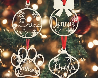 Decoración navideña de madera, adornos navideños, adornos navideños personalizados, nombres cortados con láser, regalo de NAVIDAD para etiquetas de mascotas con nombre Decoración navideña