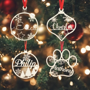 Kersthoutdecor, kerstballen, gepersonaliseerd kerstornament, lasergesneden namen KERSTcadeau voor huisdierentags met naam Kerstdecor afbeelding 2