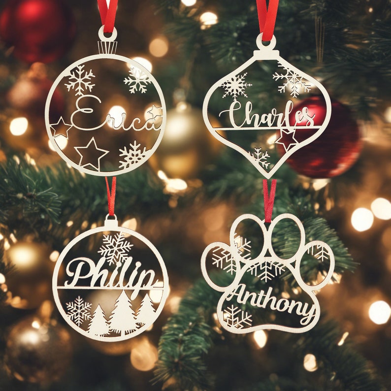 Christmas wood decor,Christmas baubles,personalized Christmas ornament,laser cut names CHRISTMAS gift for pet tags with name Christmas Decor image 2