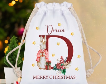 Sac de Noël personnalisé monogramme tartan, sac en tissu de jute, sac du père Noël, bas, personnalisation rouge, Noël enfant, cadeau en jute à personnaliser