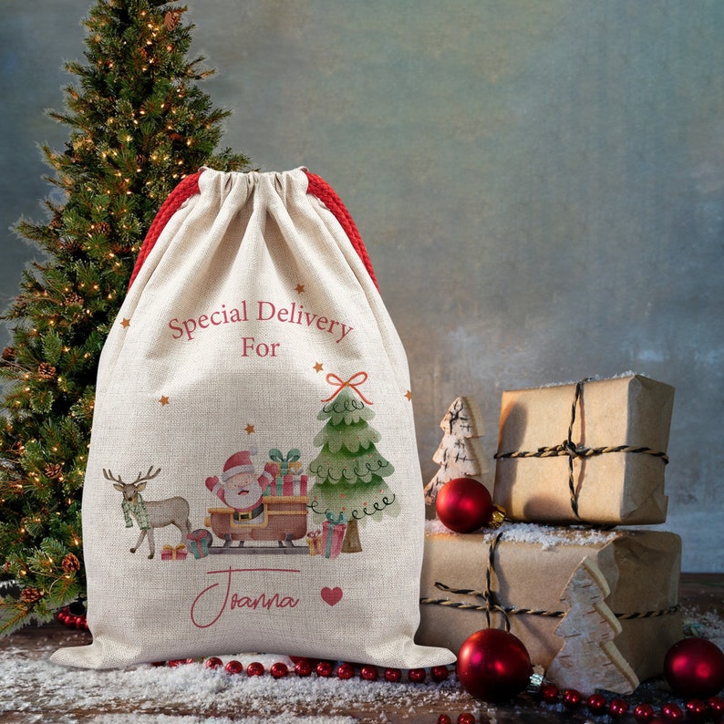 May include: A beige Christmas gift bag with a red drawstring. The bag features a watercolor illustration of Santa Claus on a sleigh, a reindeer, and a Christmas tree. The text "Special Delivery For Joanna" is printed on the bag.