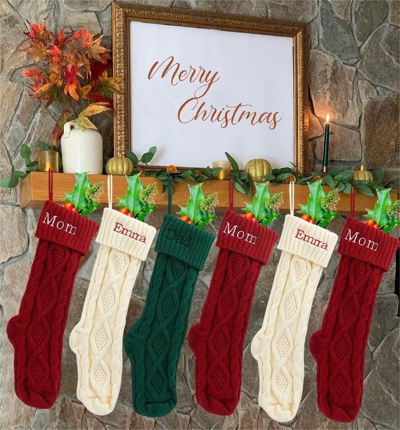 Knitted Christmas Stockings, Personalized Knit Stockings ,Embroidered Christmas Stocking,Custom Stockings,Personalized Family Stockings Set image 1