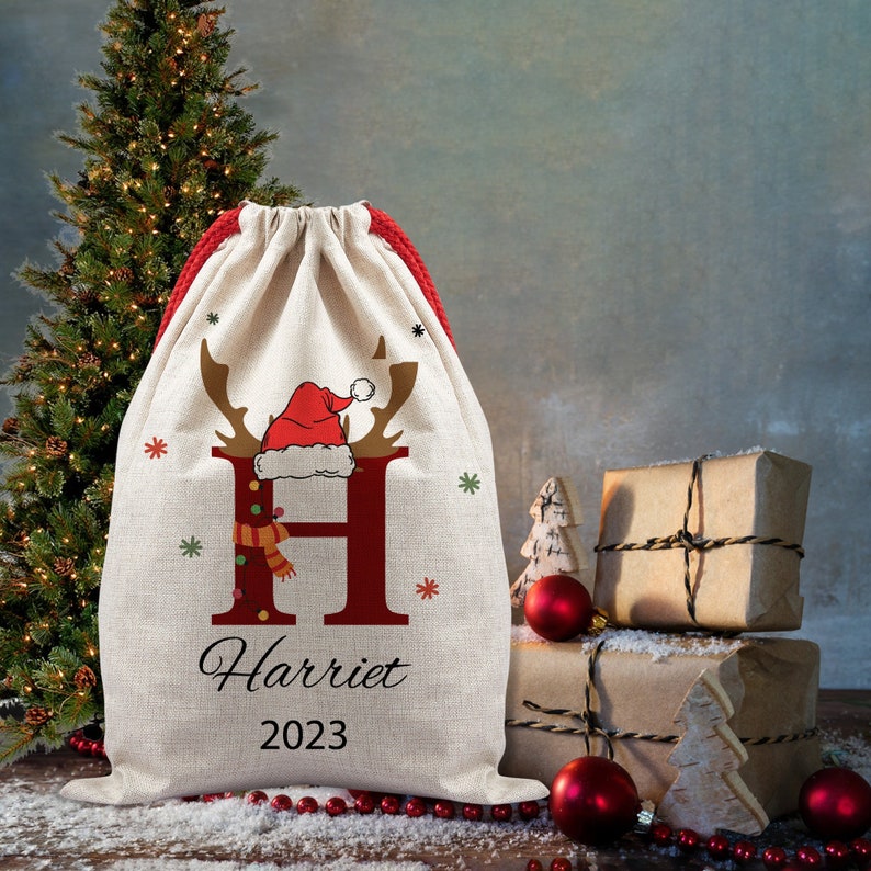 Sac personnalisé père Noël, nom et initiales du sac, chapeau de Noël et sac de Noël style ballon, cadeau pour Noël, sac personnalisé pour enfants, cadeau de Noël image 2