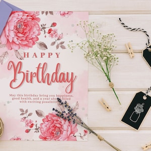 Beautiful Floral Happy Birthday Card PDF, Digital Birthday Cards, Print at Home Birthday Card, Printable Greeting Card DIGITAL Download