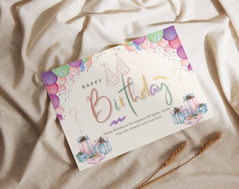 Cute Balloons Happy Birthday Card PDF, Digital Birthday Cards, Print at Home Birthday Card, Printable Greeting Card DIGITAL Download