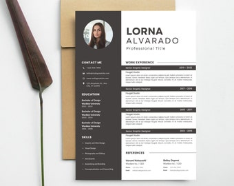 May include: A black and white CV with a professional headshot of a woman. The CV includes contact information, work experience, education, skills, and references. The text on the CV includes the name "Lorna Alvarado" and the title "Professional Title".