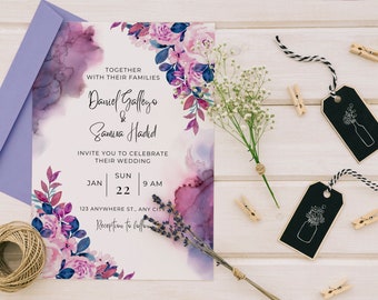 Beautiful Purple Editable Wedding Invitation Template, Printable Wedding Invitation, Wedding Invitation, Canva Editable We do Wedding invite