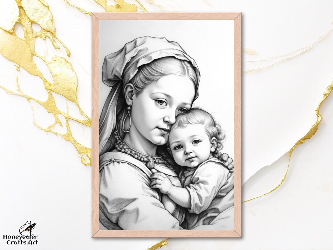 A Mothers Love Printable Wall Art Woman and Child Pencil Line Etsy