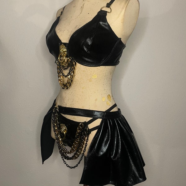 Unique three piece bra, thong and skirt set