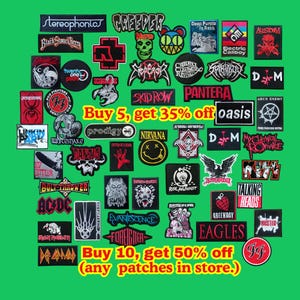 May include: A selection of embroidered patches featuring band logos and names such as Nirvana, AC/DC, and Green Day, displayed on a green backdrop. The image includes text stating "Buy 5, get 35% off" and "Buy 10, get 50% off."