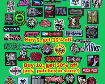 May include: A collection of embroidered music band patches featuring various logos and graphic designs, including text such as Coldplay, Deep Purple, Metallica, and others, with promotional text Buy 5, get 35% off and Buy 10, get 50% off.