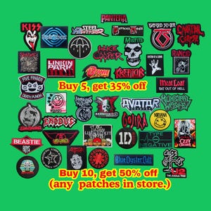 May include: A collection of embroidered patches featuring various band logos and names, including KISS, Nirvana, and Pantera, against a green background. Text on the patches includes "Buy 5, get 35% off" and "Buy 10, get 50% off (any patches in store.)".