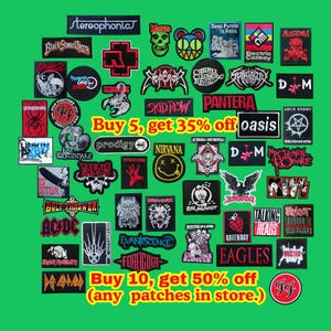 May include: A collection of rectangular, circular, and shaped embroidered fabric patches featuring various band logos and graphic designs in black, white, red, and multi-coloured threads. Text includes "Buy 5, get 35% off" and "Buy 10, get 50% off".