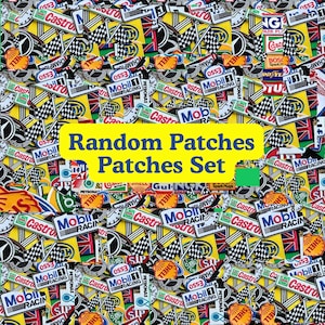 May include: A collection of assorted embroidered patches featuring various automotive and racing brand logos, including Mobil 1, Castrol, and Shell, with checkered flags and Union Jack designs, overlaid with a yellow banner reading Random Patches Patches Set.
