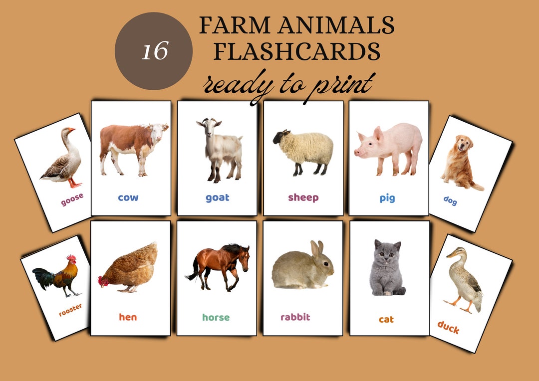 Printable Flash Cards for Kids With Farm Animals, Toddler Flash Cards