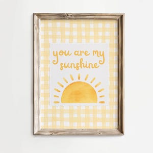 You Are My Sunshine Printable Wall Art | Yellow Gingham Sun Nursery | Inspirational Digital Download for Baby Room | Watercolor Illustration