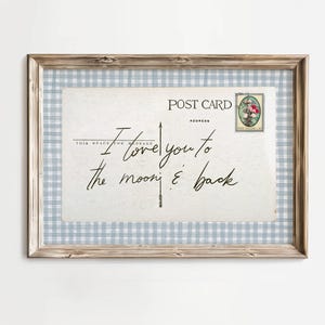 Postal de inspiración vintage para pared con temática playera "Te amo hasta la luna y más allá"