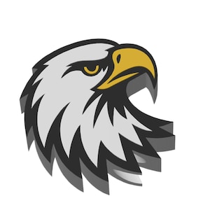 May include: A stylized illustration of an eagle's head in profile. The eagle features white feathers, a yellow beak, and a yellow eye. The design incorporates black outlines and a 3D effect, creating a bold and graphic image.