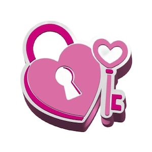 May include: A pink heart-shaped padlock with a keyhole and a matching key. The key and the padlock have a white outline and a shadow effect, creating a 3D appearance. The background is plain white.