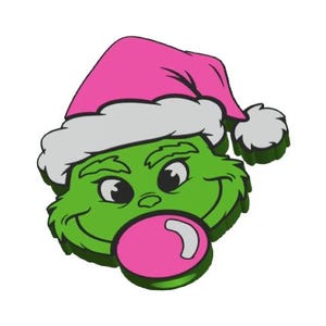 May include: A green cartoon character with a mischievous grin, wearing a pink Santa hat with a white trim and a pink bubble. The character's face is detailed with black eyes and a curved smile, set against a white background.