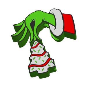 Puede incluir: Una mano verde de dibujos animados con un puño rojo y blanco sosteniendo una galleta con forma de árbol de Navidad. La galleta está decorada con glaseado blanco, rayas rojas y chispas verdes. La imagen está sobre un fondo blanco.
