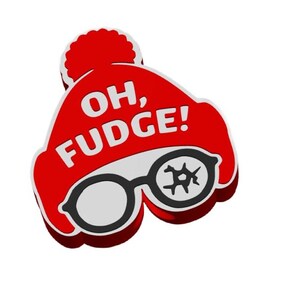 May include: A red and white graphic featuring a winter hat and glasses. The hat has a pom-pom and the words "OH, FUDGE!" in white. The glasses are black and white.
