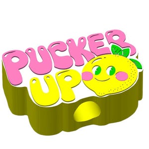 May include: A 3D graphic with the words "PUCKER UP" in pink and yellow bubble letters. A smiling cartoon lemon with green leaves and pink cheeks is next to the text. The base is a light green color.