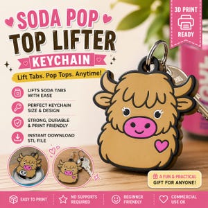 May include: A novelty keychain shaped like a cartoon yak, in brown and black, with a pink heart and nose. It's a soda pop top lifter. The image text reads "Lift Tabs. Pop Tops. Anytime!" and "A fun & practical gift for anyone!"
