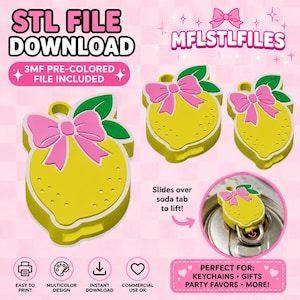 May include: Yellow lemon-shaped keychain design with a pink bow and green leaves. The design is a 3D STL file download, with the text "STL FILE DOWNLOAD" and "MFLSTLFILES". The design is easy to print and has a multicolor design.
