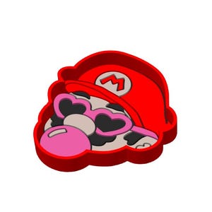 May include: A red, white, and pink cartoon character wearing a red hat with a white "M" emblem and heart-shaped sunglasses. The character has a pink bubble and a red outline.