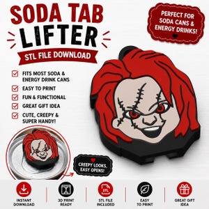 Puede incluir: Un abrelatas imprimible en 3D con una cara de muñeco de pelo rojo, piel cosida, ojos rojos y base negra. El texto dice SODA TAB LIFTER, STL FILE DOWNLOAD, FITS MOST SODA & ENERGY DRINK CANS, EASY TO PRINT, FUN & FUNCTIONAL, GREAT GIFT IDEA, CUTE, CREEPY & SUPER HANDY!, CREEPY LOOKS, EASY OPENS!, INSTANT DOWNLOAD, 3D PRINT READY, STL FILE INCLUDED, EASY TO PRINT, GREAT GIFT IDEA.