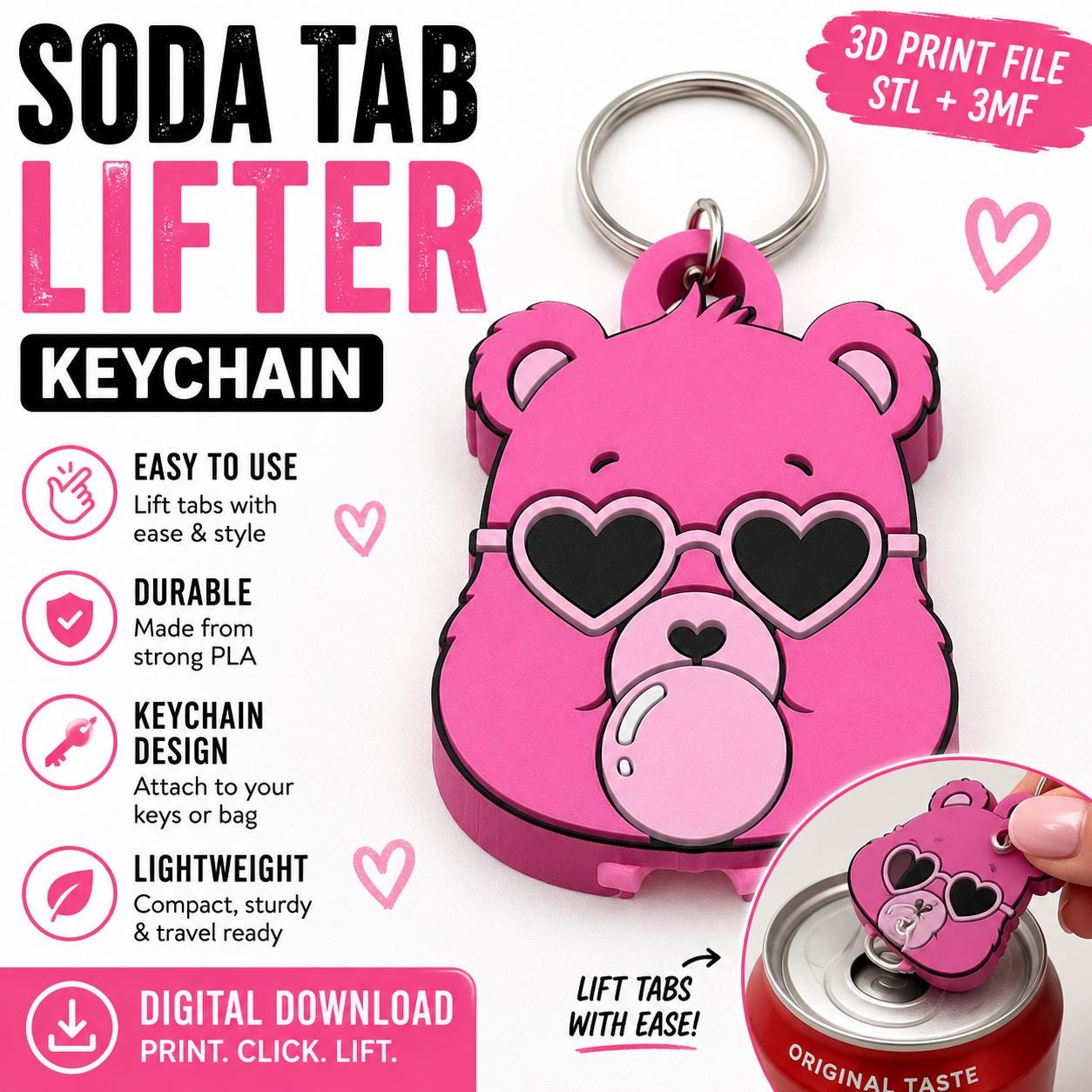 Bubble Bear Soda Tab Lifter STL + 3MF | Cute Bear Keychain Can