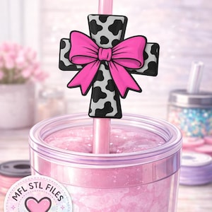 Cow Print Cross Straw Topper with Bow, 3D STL & 3MF Files